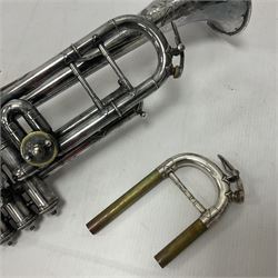 Victorian Class A silver plated trumpet retailed by Kitchen & Co,29 Queen Victoria Street Leeds, 1897 with mouthpiece/slide and in its original felt lined box
