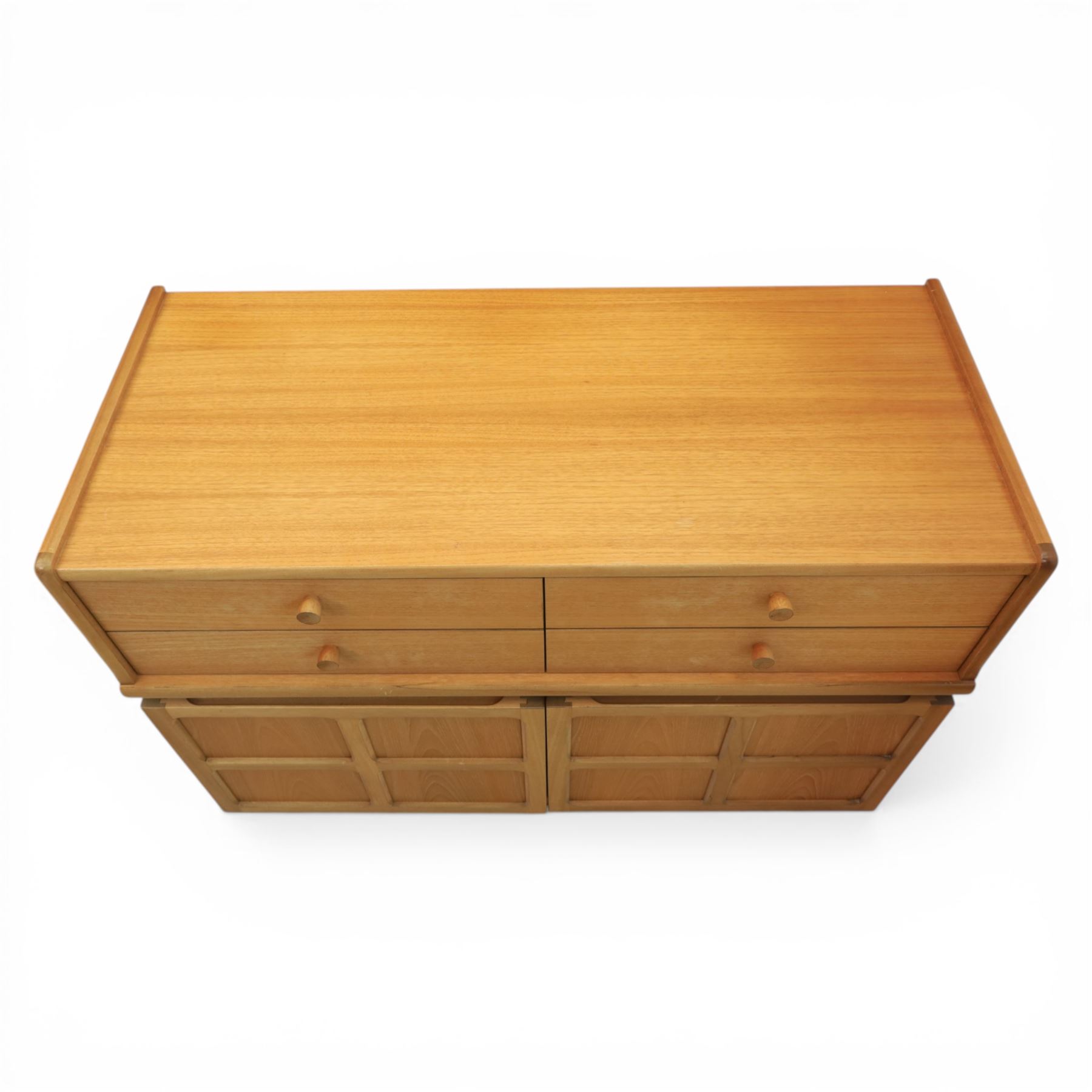 Nathan - pair of sideboards, rectangular top over four short drawers, above signature square panelled cabinet doors on a recessed plinth base