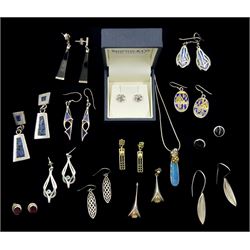 Pair of 9ct gold Mackintosh design pendant stud earrings, pairs of silver, silver stone set and silver enamel earrings and a silver opal pendant necklace