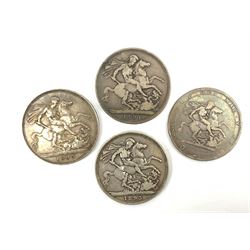 King George III 1819 crown coin and three Queen Victoria Crowns, one dated 1891 and two 1893 (4)