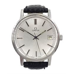 Omega gentleman's stainless steel manual wind wristwatch, calibre 1030, serial No. 44 527730, with date aperture, on black leather strap