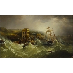 Henry Redmore (British 1820-1887): 'Wreck of the Coupland', oil on canvas unsigned 23cm x 38.5cm  
Provenance: private collection; with Christies 12th November 2014, Lot 65; the John Simpson, Haisthorpe Hall, East Yorkshire private collection; illustrated Arthur Credland's Marine Painting in Hull through Three Centuries pub. 1993 pp.93
Notes: the Coupland, a South Shields schooner having attempted  to enter Scarborough Harbour ran into trouble off the Spa in the Great Storm on 2nd November 1861. In the foreground is the lifeboat “Amelia” before being dashed against the seawall.