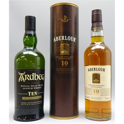  Aberlour Highland Single Malt Scotch Whisky, 10 Years old, 40%vol, in tube & Ardbeg 'The Ultimate' Single Islay Malt Scotch Whisky, guaranteed 10 Years old, 46%vol, 2 bottles  