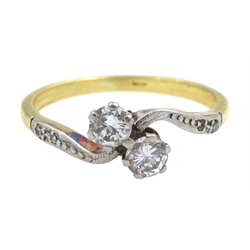 18ct gold two stone diamond cross over ring, with diamond chip shoulders, diamond total weight approx 0.30 carat