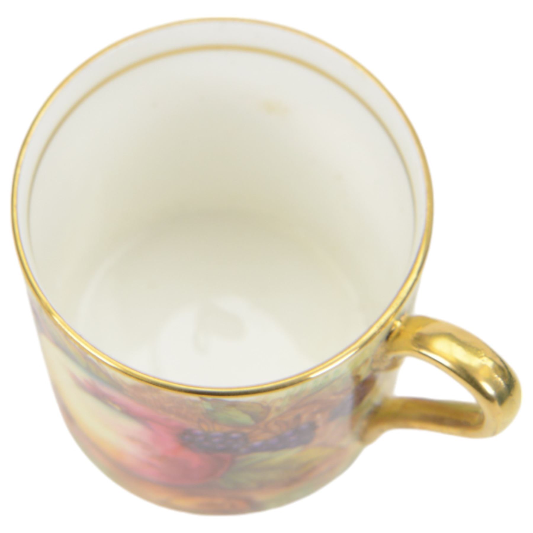 Aynsley fruit pattern, set of six coffee cans and saucers, gilded and decorated with fruit signed by N Brunt, in the original box, can H6cm