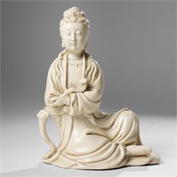Three Chinese blanc de chine figures, each depicting Guanyin seated, Dehua province, two with double gourd and potters seal marks to the reverse 