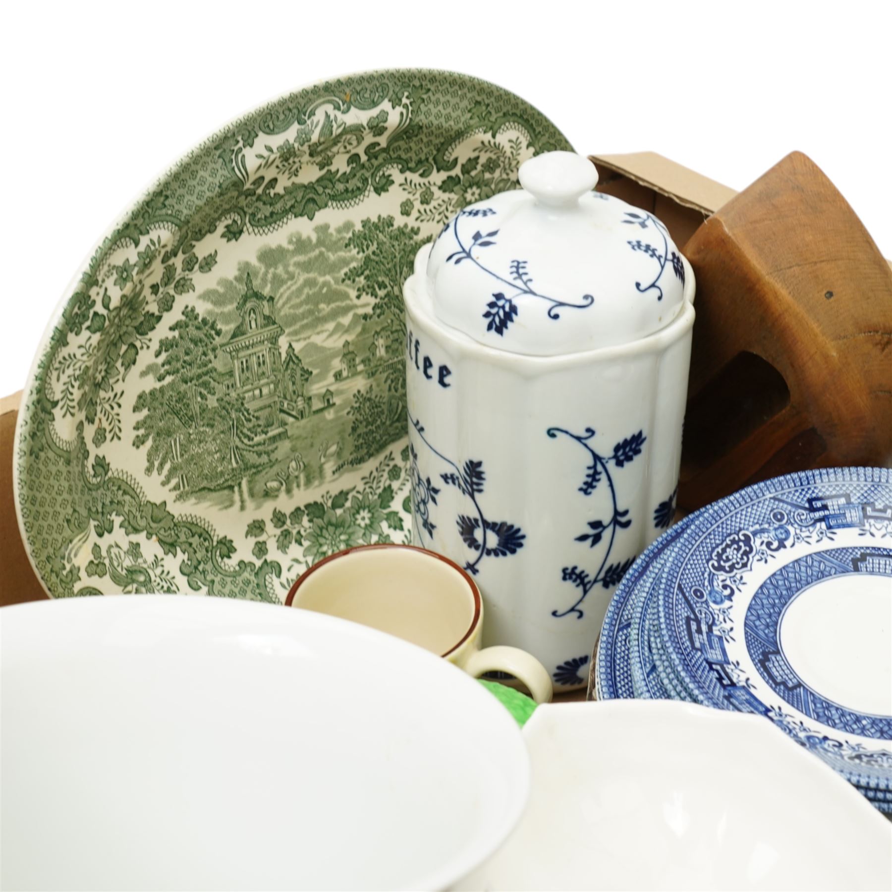 Early 19th century Rogers blue and white platter, other blue and white plates, ceramic door furniture, Palissy Game series bowls, folk art plates etc in two boxes