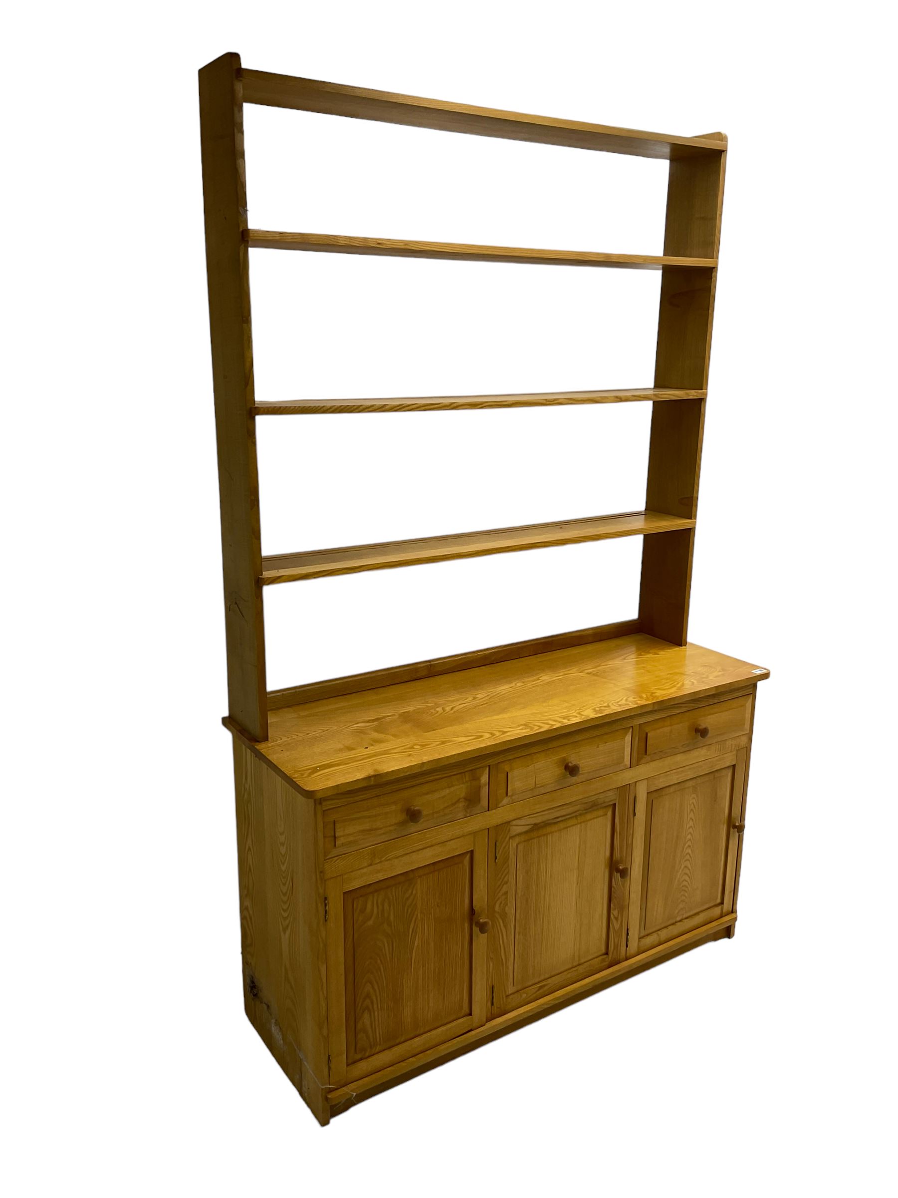 Treske - ash dresser, raised three height plate rack over three drawers and three panelled cupboards