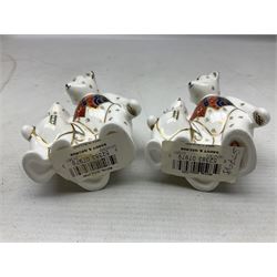 Four Royal Crown Derby teddy paperweights, comprising Teddy Cook, two Teddy George and Seated Teddy, all without stoppers, together with Crown Namestake with gold stopper 
