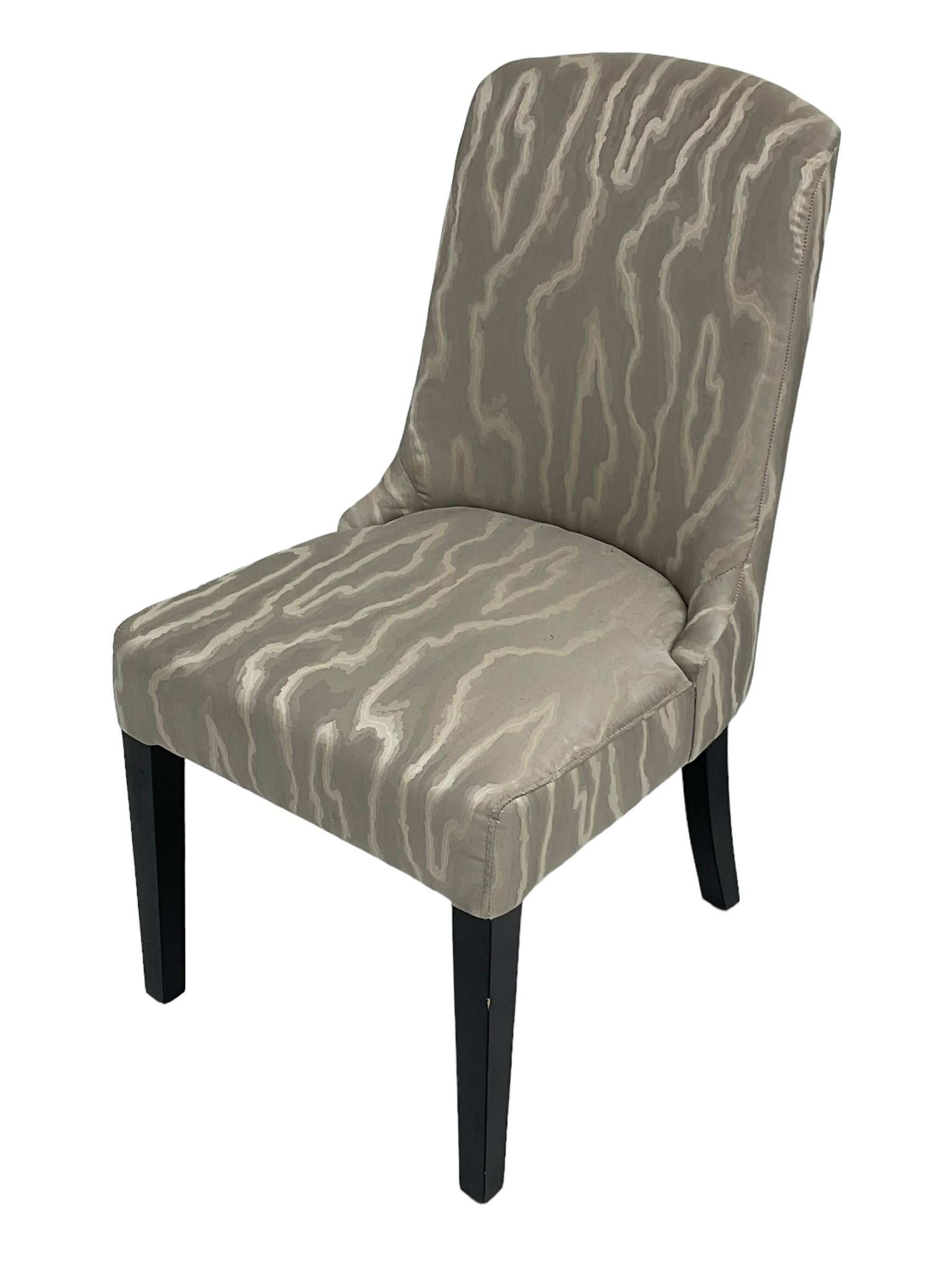 India Jane Interiors - two French design oak side chairs, moulded frame with cameo back, on turned and fluted supports; single side chair with curved back upholstered in shimmer silver fabric, on ebonised supports (3) - ex-display/bankruptcy stock 