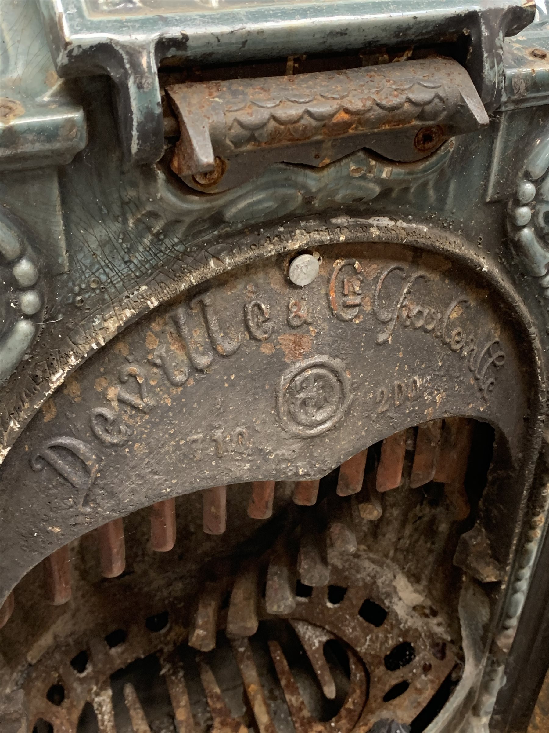 Deville & Co - French Art Nouveau period blue enamel stove, decorated with floral scrolls and flower heads, shell heath, W69cm, H78cm