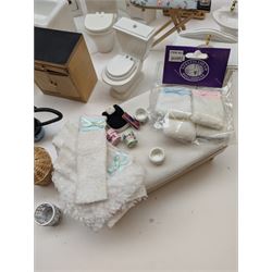 Modern 1:12 scale dolls house furniture, comprising pine kitchen set, with wall cabinets, floor cabinets and sink unit, white wooden bathroom suite, white wooden kitchen and dining room furniture and appliances, wooden bedroom furniture, Raine purple wingback chair, tv, desk, fish tank, etc