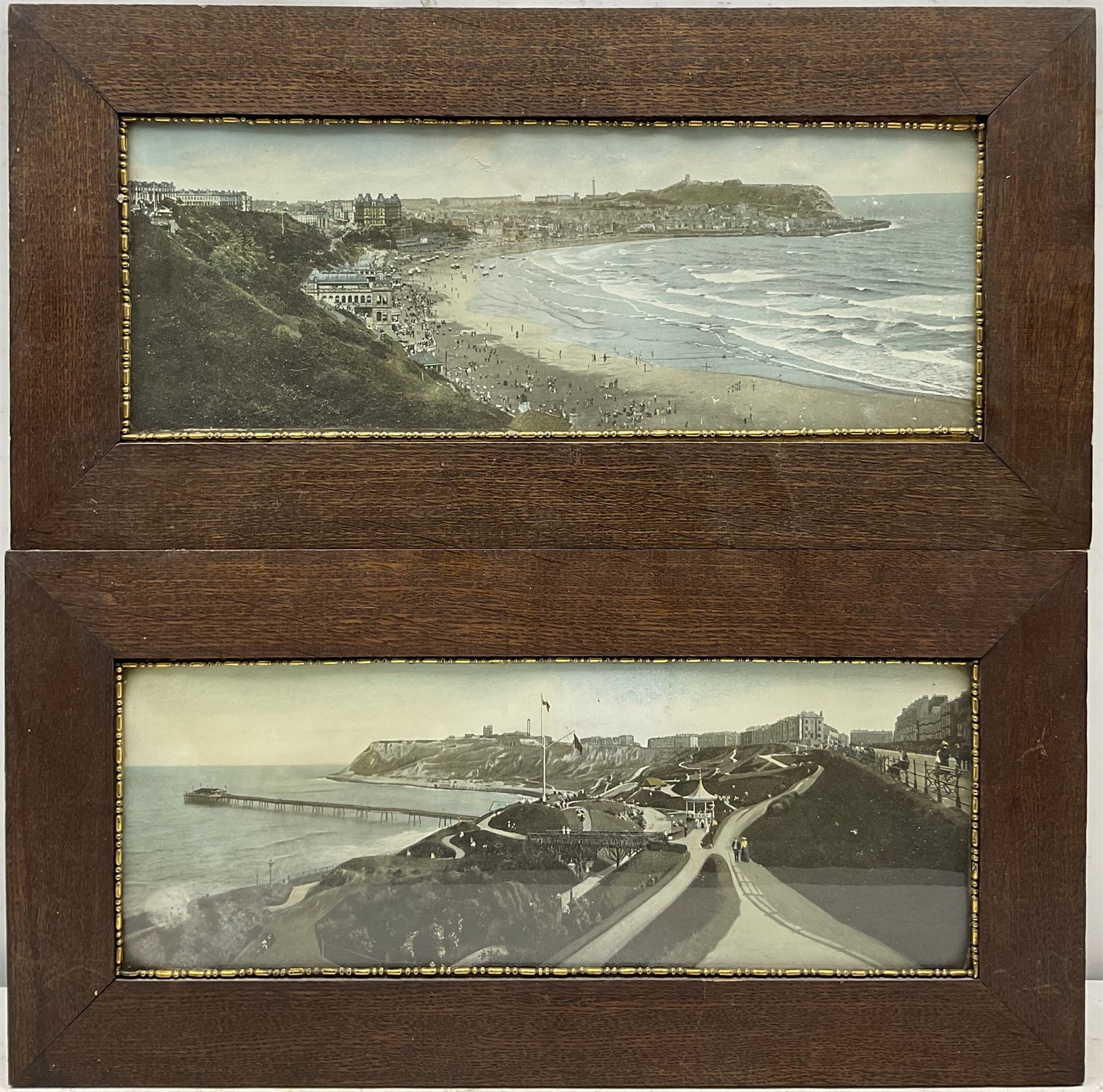 Scarborough North and South Bays, pair Edwardian chromolithographs, depicting a view of the North Bay Pier, 14cm x 40cm 
Notes: the Pier was a short lived feature in Scarborough's history; it first opened to the public on 1st May 1869 but was almost totally wrecked in the gales of January 1905.