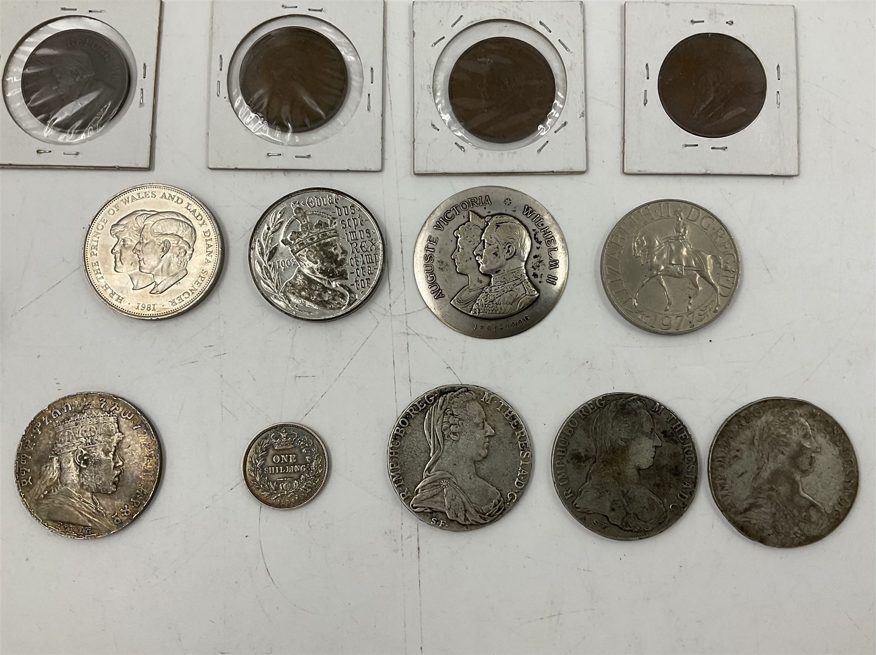 World coins, including three Maria Theresa restrike thalers, William IIII 1834 one shilling, two Queen Elizabeth II South Africa 1957 five shilling coins, other South African coinage, commemorative coins and medallions etc