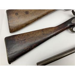 19th century Indian .577 Enfield muzzle loading rifle, proofed for 26-bore, the 98.5cm barrel with three barrel bands and later ram rod L140cm overall; 19th century Belgian side-by-side double barrel percussion shotgun, approximately 20-bore, with 74cm barrels and studded walnut stock, lock plate marked 'Liege 1868' and 'V. Gulikers-Maquinay' L117cm overall; and another side-by-side double barrel shotgun by Smythe with underlever opening (3)