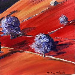 Moira Metcalfe (British Contemporary): Rural Landscape in Red and Purple, oil on canvas signed 40cm x 40cm 