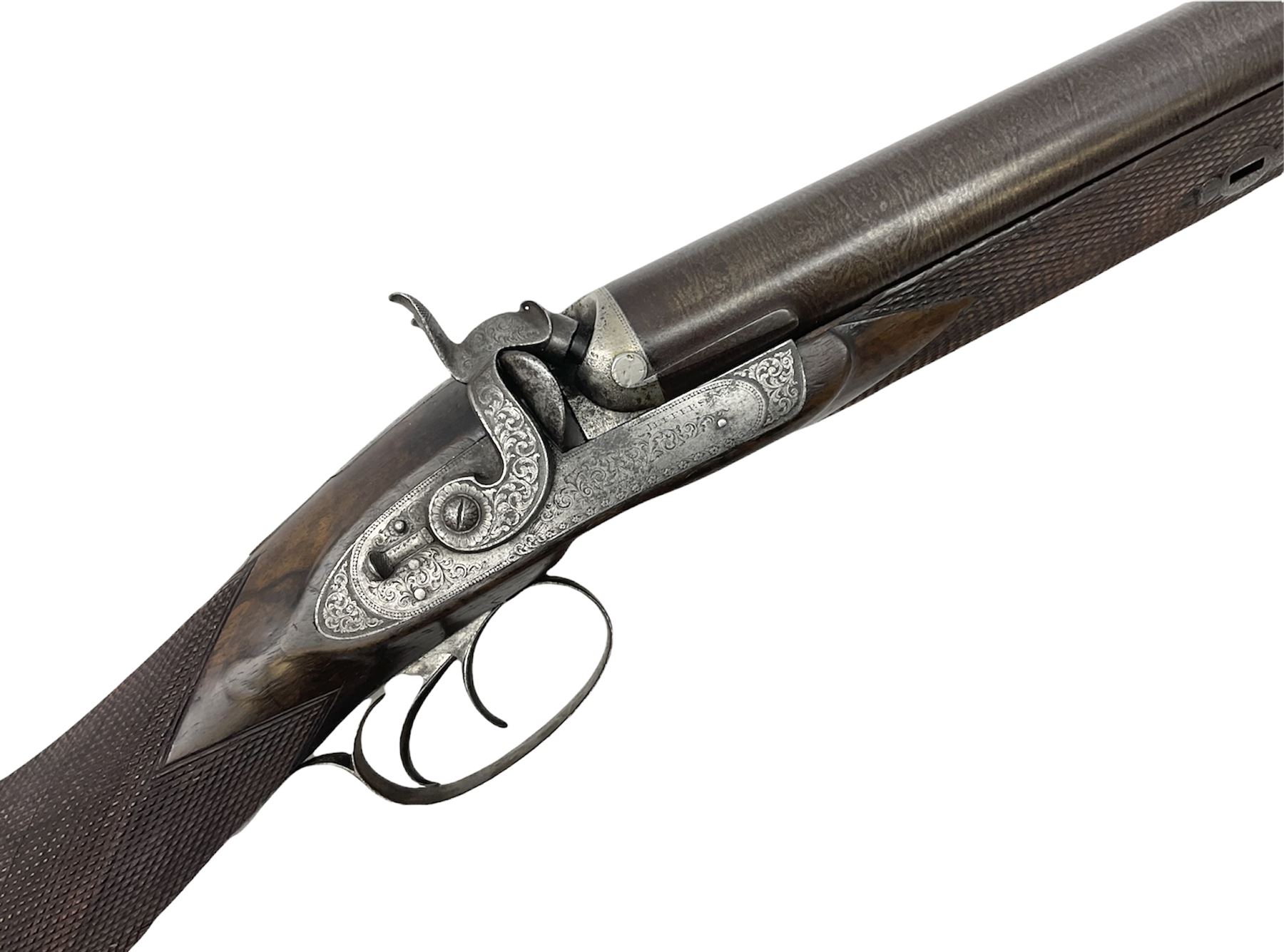 19th century John Jefferson of Scarborough 6-bore (modern 4-bore) double barrel side-by-side percussion gun, with 81cm stub twist damascus barrels (no provision for ramrod), well figured walnut stock with fine chequered grip and fore-end with horn tip and steel butt plate with long tang, well engraved lock and hammers with half-cock safeties on both sides, barrel sling swivel but rear sling swivel removed and replaced with silver escutcheon, London proofmarks, NVN, L128cm