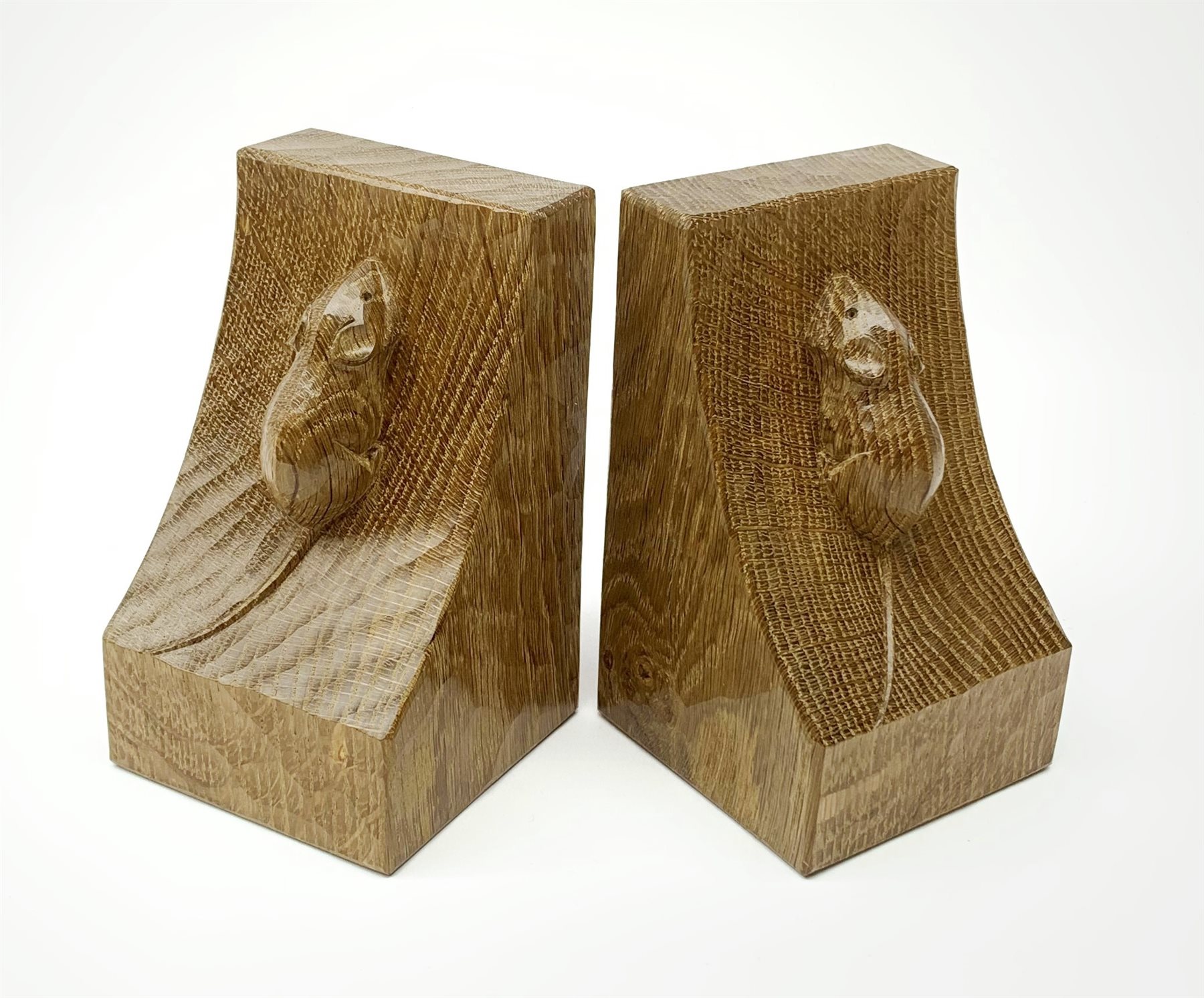'Mouseman' pair adzed oak bookends by Robert Thompson of Kilburn