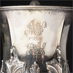 Victorian silver cup with acanthus leaf decoration and scroll handle, H12cm with retailers mark of J Mayer, Liverpool Sheffield 1851Maker Henry Wilkinson & Co