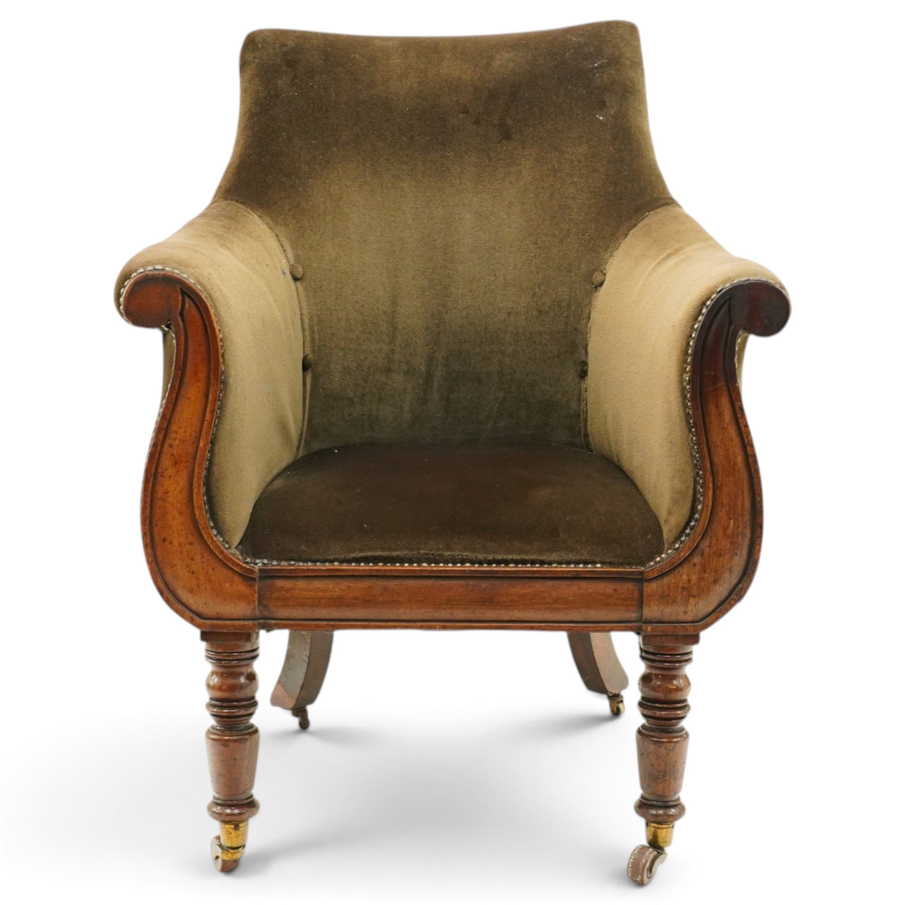 William IV mahogany framed lyre shaped library armchair, high back over scrolled arms and sprung seat, upholstered in chocolate brown velour fabric, the lyre-shaped frame raised on turned front and splayed rear supports with ceramic castors