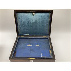 19th century rosewood sewing box, of sarcophagus form with foliate mother of pearl inlaid decoration, upon four compressed bun feet, H15cm L25cm D19cm, together with a further 19th century rosewood box, the hinged cover with rectangular plaque inset with mother of pearl detail, H11.5cm L30cm D22cm, (2)