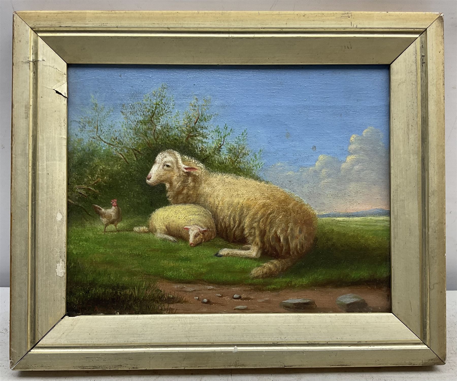 GT Arnold (British 19th century): Ewe Lamb and Cockerel, oil on canvas signed and dated 1884, 17cm x 22cm (in slip frame)
