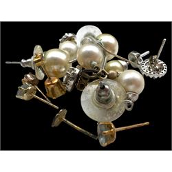 Four pairs of 9ct gold stud earrings, silver stone set stud earrings and a collection of costume jewellery brooches and bead necklaces