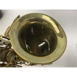 Lacquered brass 'King' alto saxophone inscribed Made by the H.N. White Co.' (Cleveland Ohio) with crook, serial no.84128; also stamped No.1 549 911 and Pat D 8-18-25; in fitted carrying case 