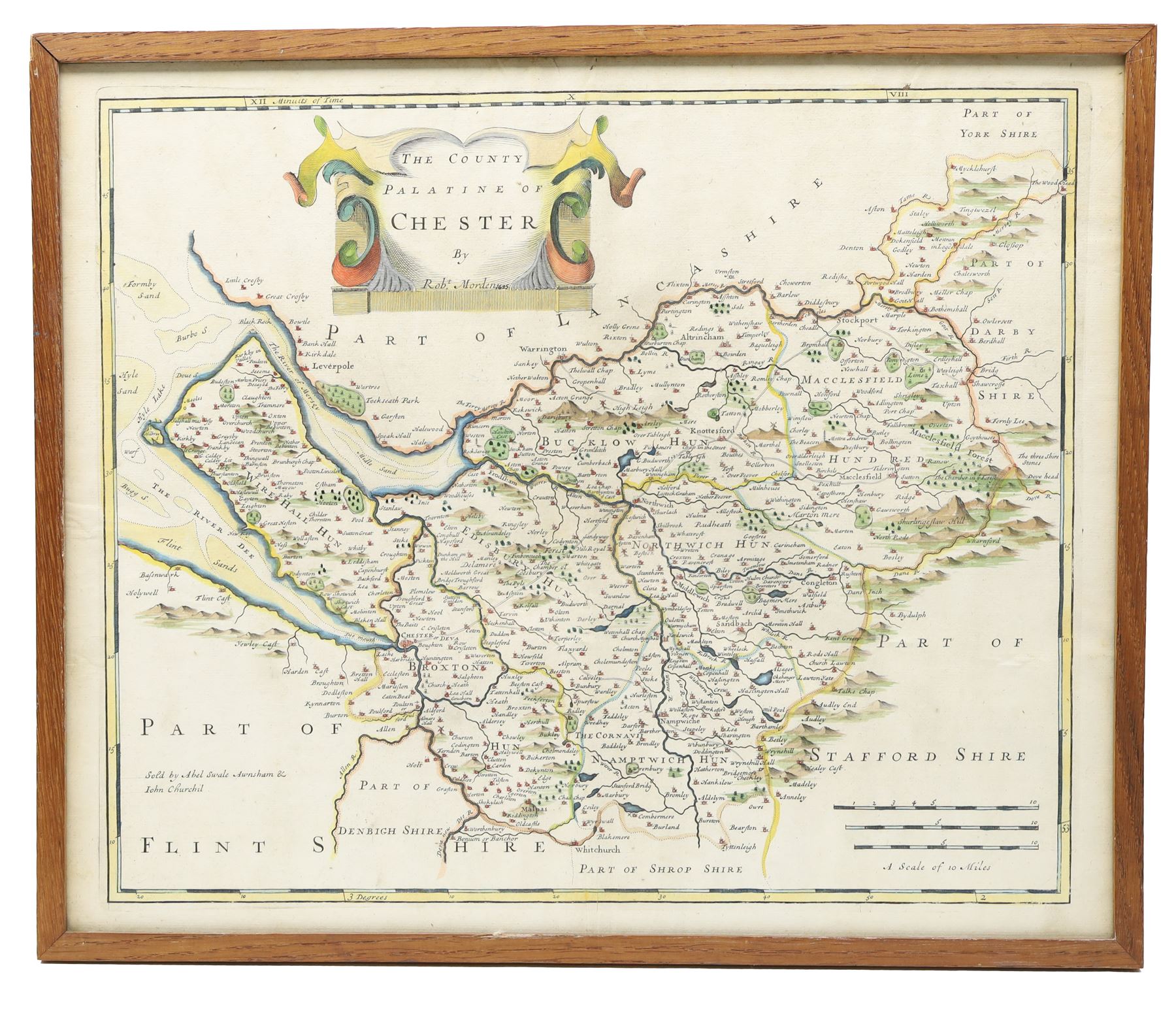 After Robert Morden (British 1650-1703): 'The County Palatine of Chester', hand coloured etching; together with a collection of architectural etchings and ink drawings, variously signed max 38cm x 47cm (6)