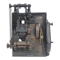 Early 20th century French cine film projector, impressed plate verso 'Pathe Freres Becker 23976', with geared mechanism, all mounted on a heavy black lacquered cast iron frame, H30cm