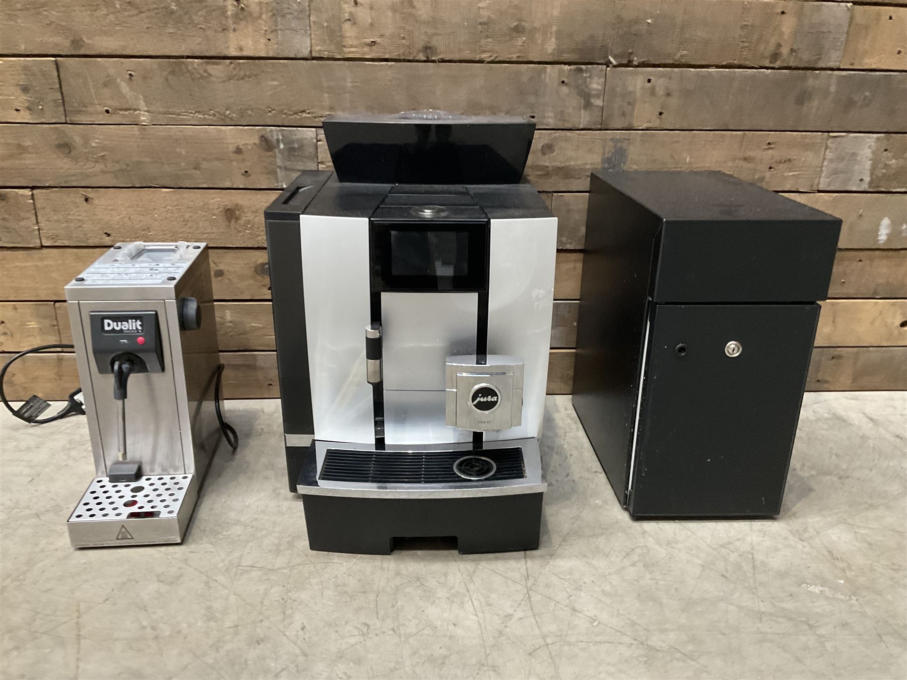 Jura GIGA X3 commercial coffee machine, Dualit Milk Frother and a Milk cooling cabinet, with other accessories