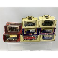 Various makers - forty-five modern die-cast models by Matchbox MOY, Days Gone, Lledo, Corgi etc including single models and sets, 1977 Silver Jubilee State Landau, commercial and promotional vehicles, passenger coach and horses, RAF etc; all boxed (45)
