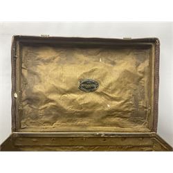 Three shooting sticks, together with four vintage leather brown suitcases of various sizes, largest suitcase H40cm L65cm 