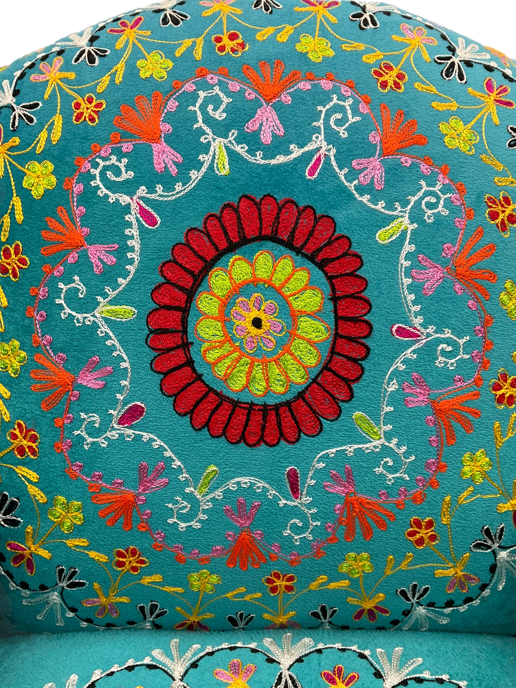 Myakka Victorian style club armchair, upholstered in crazy daisy turquoise fabric 