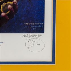 Signed limited edition print 'Pele Holding the Globe' by Stewart Beckett and Jose Palomares, signed by Pele in the centre in black marker, and by the artists below, no 130/350, with certificate of authenticity from Auction World TV, framed, H32cm