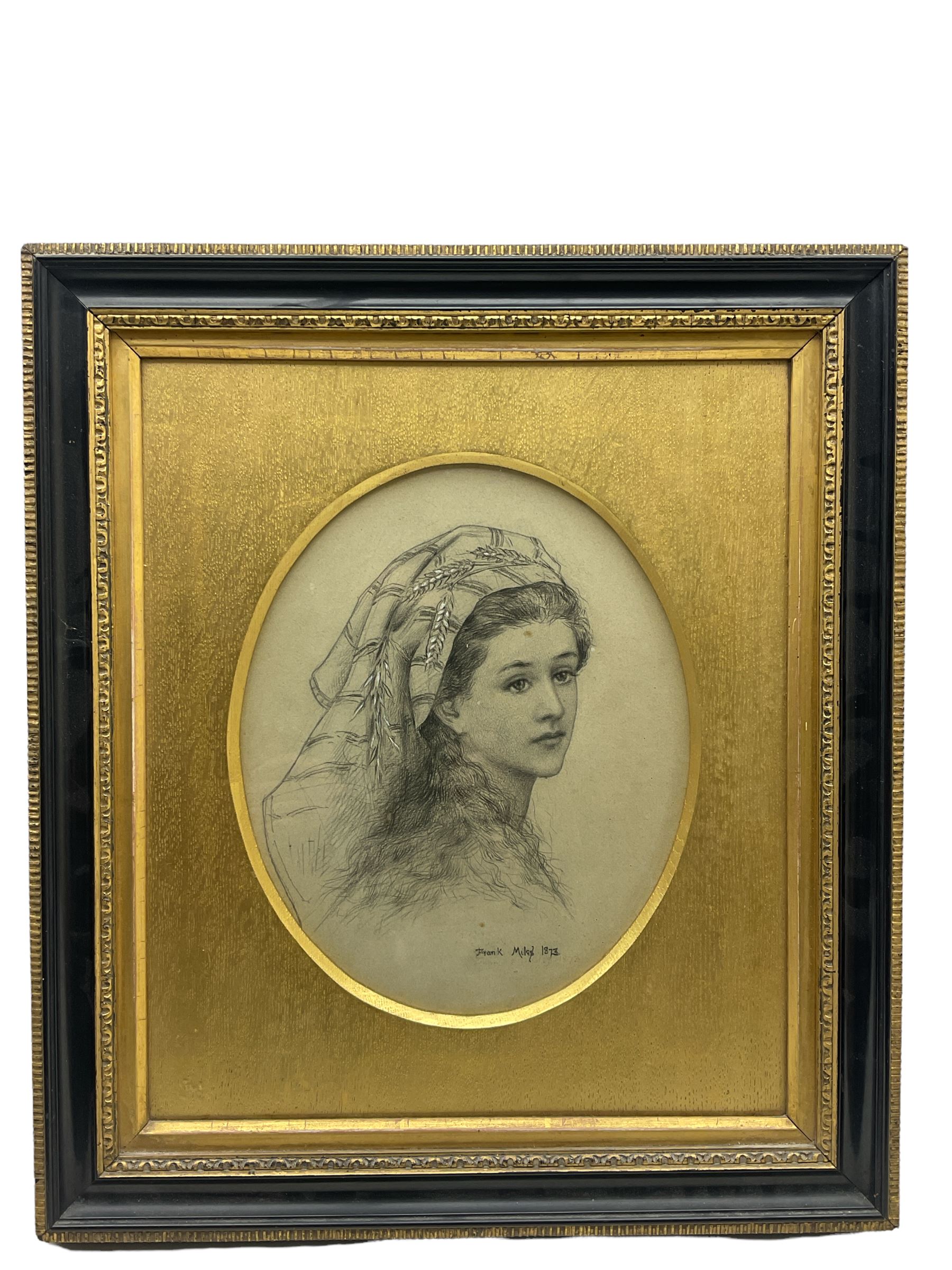 By and After Frank Miles (British 1852-1891): 'Ruth' Oval Head and Shoulders Portrait of a Girl with Wheat in Her Hair, 19th century embellished print 28cm x 23cm
Notes: Frank Miles was in the circle of Oscar Wilde and predominately painted attractive society ladies, notably Lillie Langtry