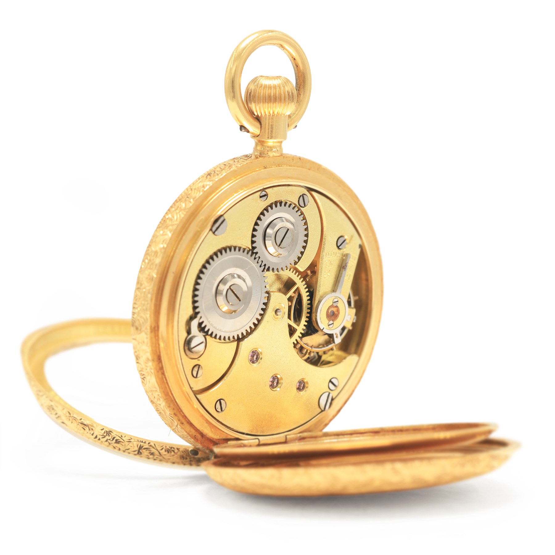 Early 20th century 18ct gold open face keyless lever fob watch, white enamel dial with Roman numeral hour markers, engraved foliate case, the cartouche monogrammed with initials HA, stamped 18K with Helvetia hallmark