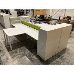 Modular two desk office system - comprising two desks, two returns, two filing drawer cabinets and one screen. Desk dimensions W160cm, D80cm, H73cm, pedestal dimensions W42cm, D80cm, H120cm - THIS LOT IS TO BE COLLECTED BY APPOINTMENT FROM DUGGLEBY STORAGE, GREAT HILL, EASTFIELD, SCARBOROUGH, YO11 3TX