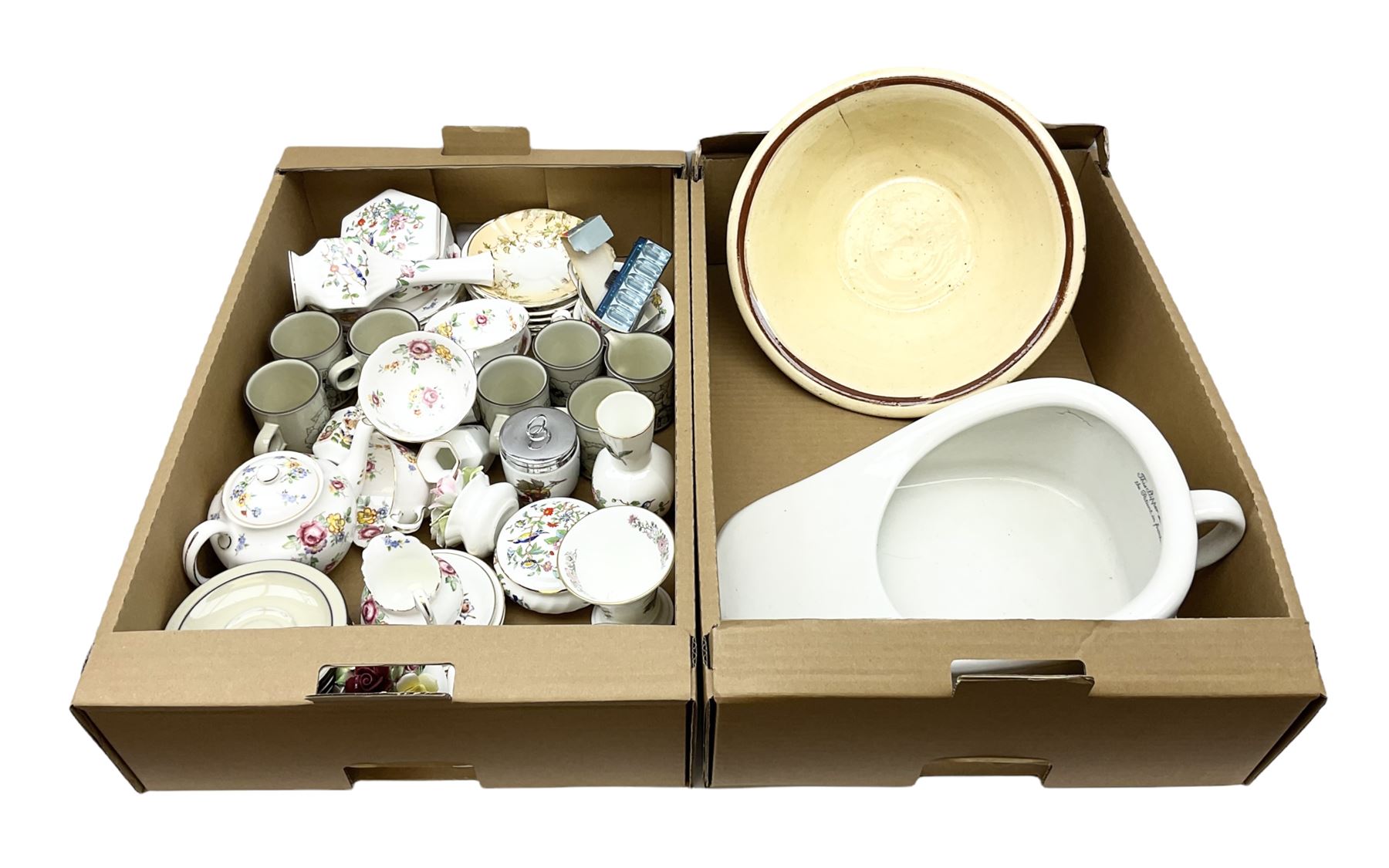 Stone pamchen, together with Hornsea cornrose coffee cans and saucers, Aynsley Pembroke vases, and trinket dishes, Royal Worcester egg coddler etc, in two boxes 