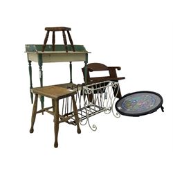 Mid 20th century child's chair, curved backrest and angled armrests (H46cm); painted pine washstand (W67cm, D48cm, H77cm); circular tray with needlepoint inset (D56cm); two stools; two magazine racks (7)