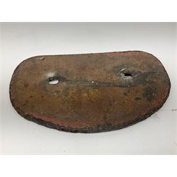 Three cast iron railway wagon plates of D shaped form to include Southern Railway, LMS and GWR, L27.5cm