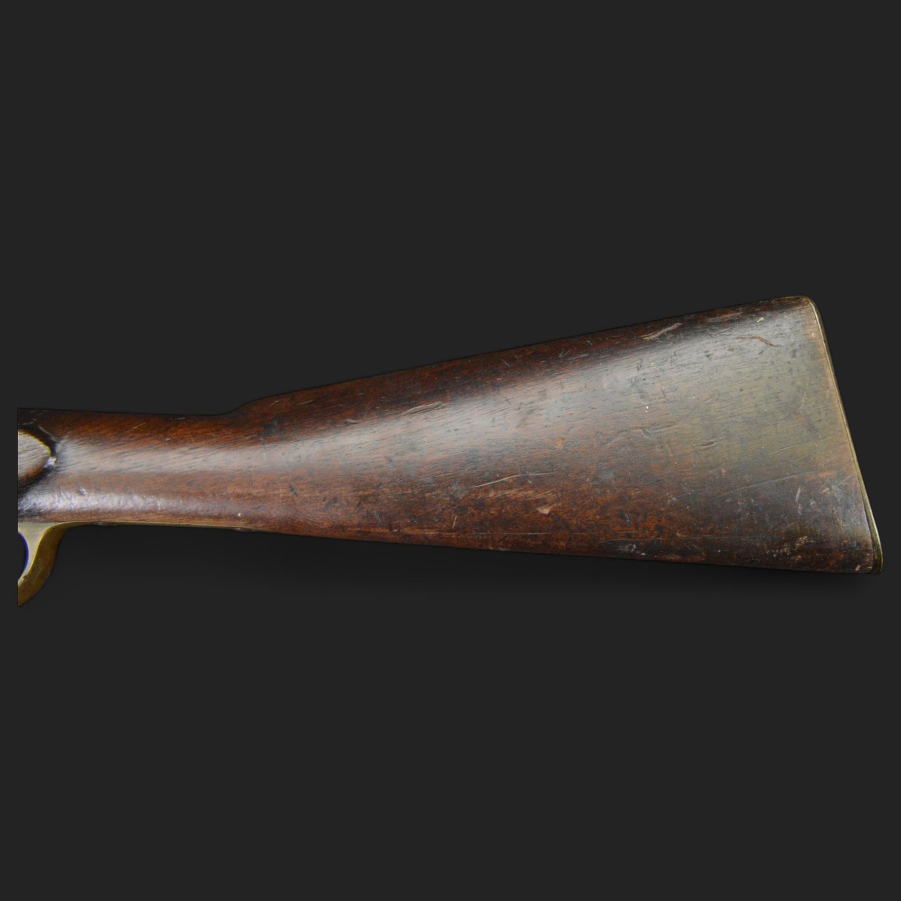 Two-Band short service musket, the L66cm barrel with sold out of service marks and indistinct marks, with ram rod beneath, the lock marked with crowned and Windsor 1855, overall L108cm
Sold as an exempt item under Section 58 (2) of the 1968 Firearms Act, to be held as a curiosity or ornament