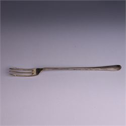 Victorian silver sauceboat, of typical form with embossed floral and foliate decoration, hallmarked London 1886, together with a miniature silver trophy and silver pickle fork, both hallmarked, trophy H7.5cm