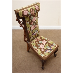  Victorian Prie-Dieu style rosewood chair, carved and pierced sides, upholstered with floral tapestry seat and back, cabriole legs, W45cm  