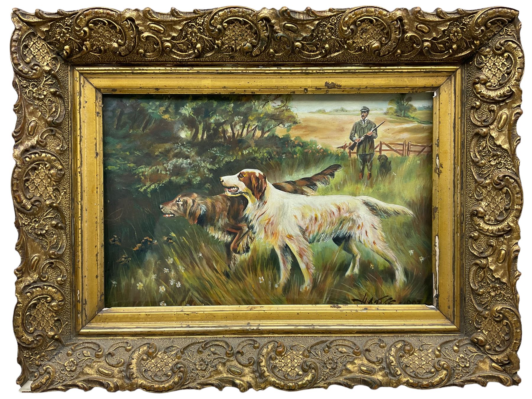 HA Tate (British 19th/20th century): 'Sheffield' Gun Dogs, oil on canvas signed and dated 1903, titled verso 19cm x 29cm