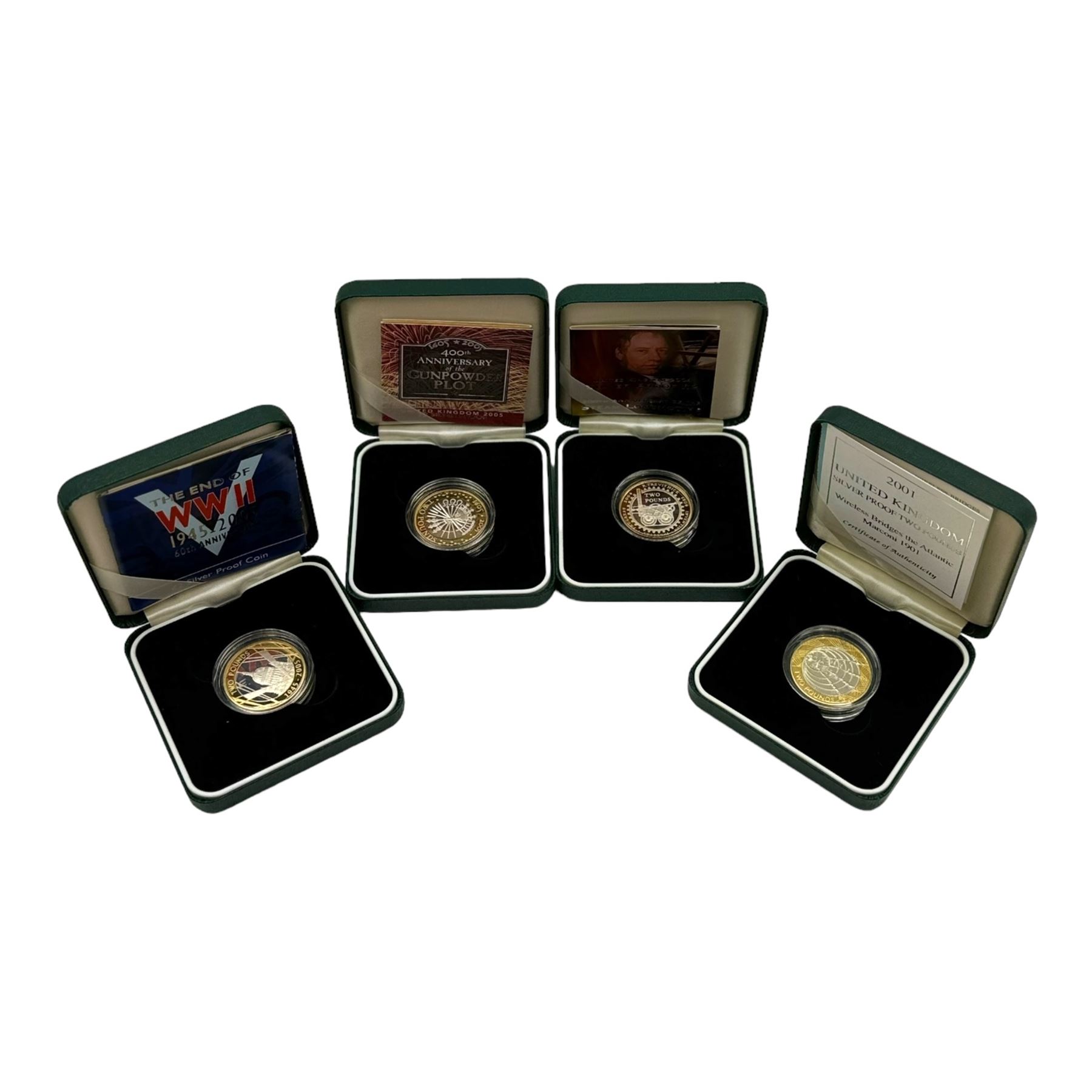 Four The Royal Mint United Kingdom silver proof two pound coins, comprising 2001 'Wireless Bridges the Atlantic Marconi 1901', 2004 '200th Anniversary of the Steam Locomotive', 2005 '400th Anniversary of the Gunpowder Plot' and 2005 'The End of WWII 60th Anniversary, all cased with certificates