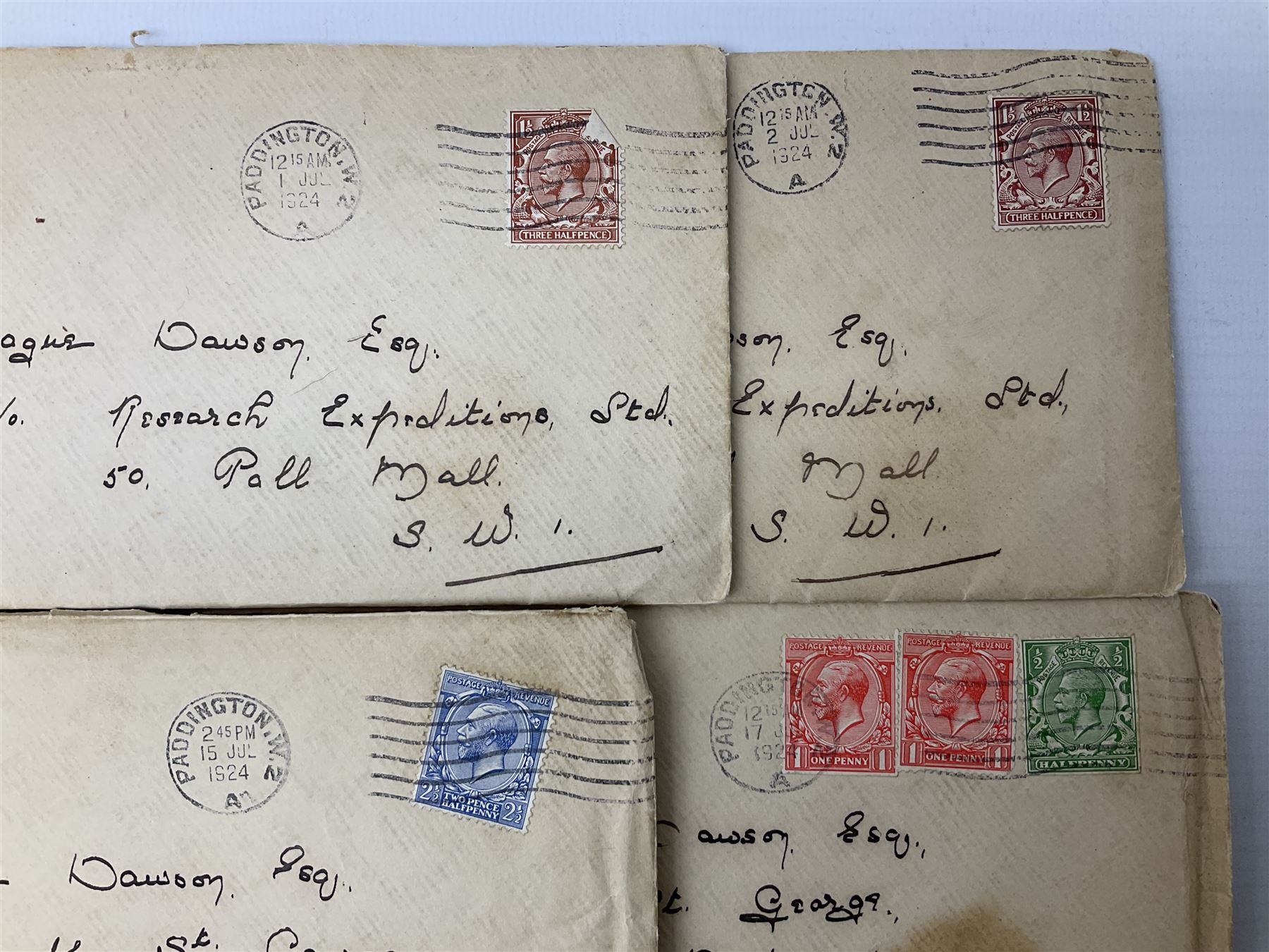 Montague Dawson interest - a correspondence of forty manuscript letters and notes to the marine artist from the same lady who signs herself 'Browne' or 'Brownie', c1920-24. The letters are in two sections, firstly a series of twenty-three hand written notes, all in the original envelopes and privately delivered to Dawson at Percy Street in London c1920, one envelope featuring a small unsigned pencil sketch of a sailing vessel. The second section of seventeen letters all date between April and July 1924 whilst Dawson was serving as the official artist on the South Seas Expedition on the S.Y. St. George where he was providing illustrated reports to The Graphic magazine. These letters (all but one in their original stamped envelopes) are far more detailed, up to twelve pages in length, and include two original photographs of the lady sent to Dawson during this Expedition.
