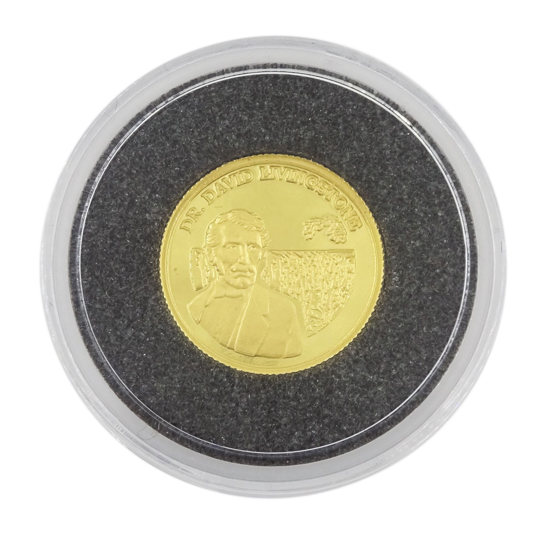 Bank of Zambia 1999 fine gold 1/25 ounce 'Dr. Livingstone' coin from 'The Smallest Gold Coins of the World Collection', with certificate