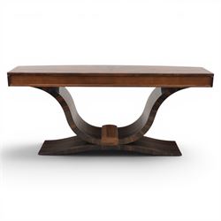 Giorgio Collection - Art Deco design macassar ebony 'Luna' console table, rectangular bow-front top with cross-banding and sun-burst veneer, fitted with single drawer, raised on a curved U-shaped base, retailed by Harrods