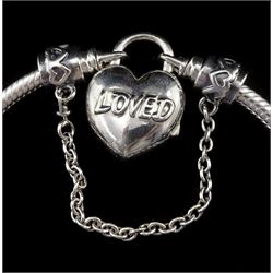Pandora Moments 'You Are Loved' padlock silver charm bracelet, with eleven Pandora Club 2020 limited edition charms and safety chain, in Pandora box